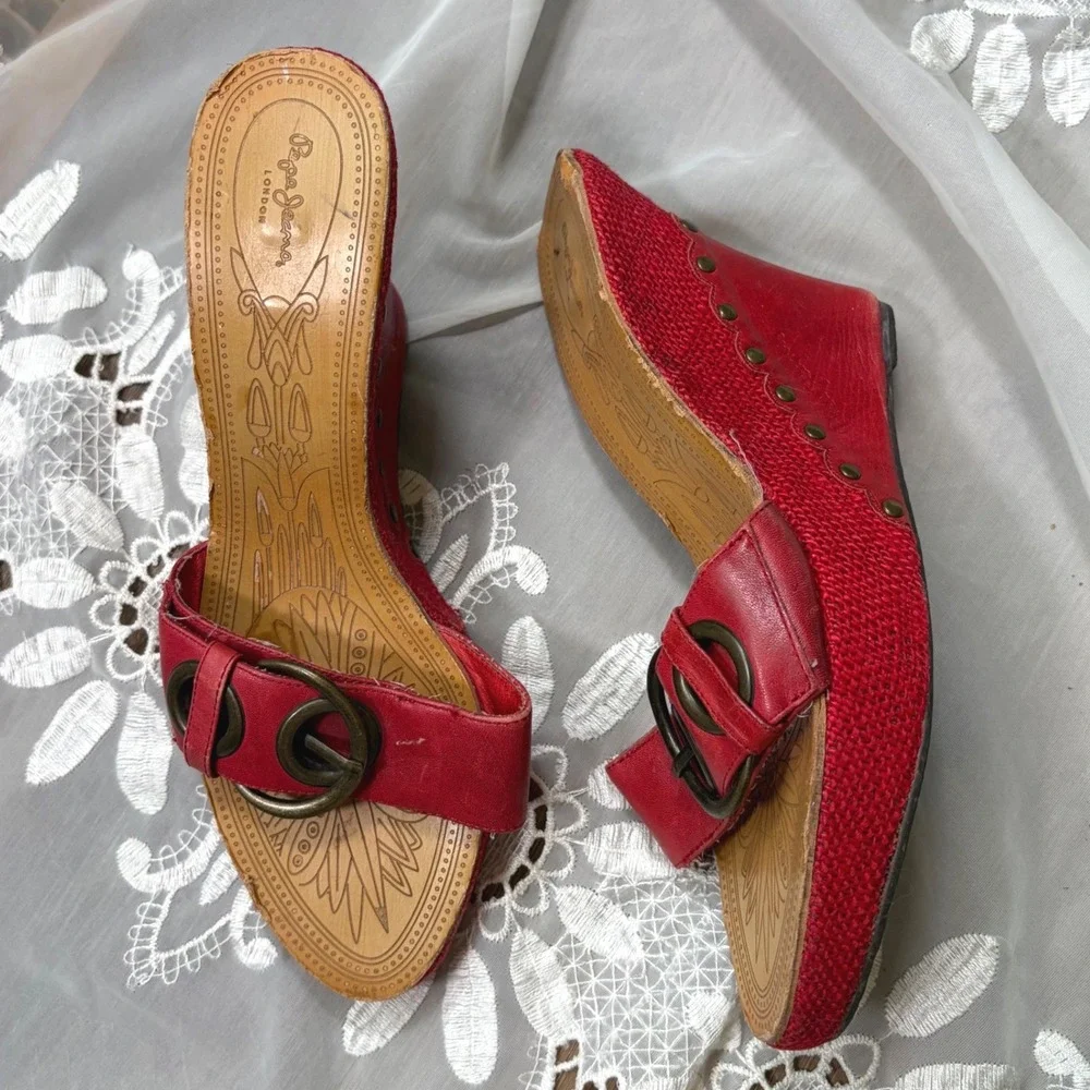 Y2K Pepe Jeans London Red Leather Woven Wedge Sandals Studded Platforms